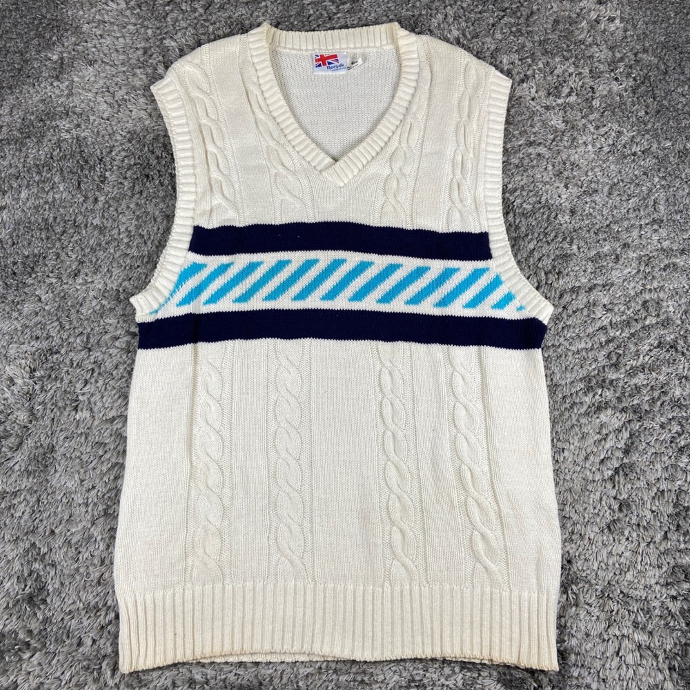 Vintage Reebok Sweater Vest Mens M Cream Cable Knit Tennis Sportswear USA 90s